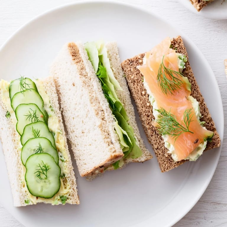 An appealing close-up of colorful Castle Feast Royal Tea Party Sandwiches, perfectly cut and carefully presented.