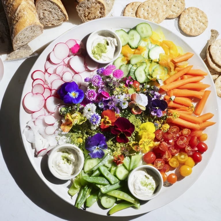 This vibrant Fairy Garden Platter displays colorful edible flowers and crunchy vegetables, ready to eat.