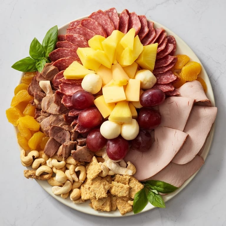 Appealing Lion King savory meat and cheese platter with cheddar, gouda, and fresh fruit for guests to enjoy.