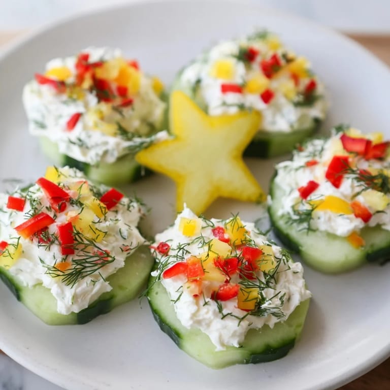 Close-up of Holiday Star Cucumber Bites, showcasing star-shaped cucumber and creamy, flavorful cream cheese filling.