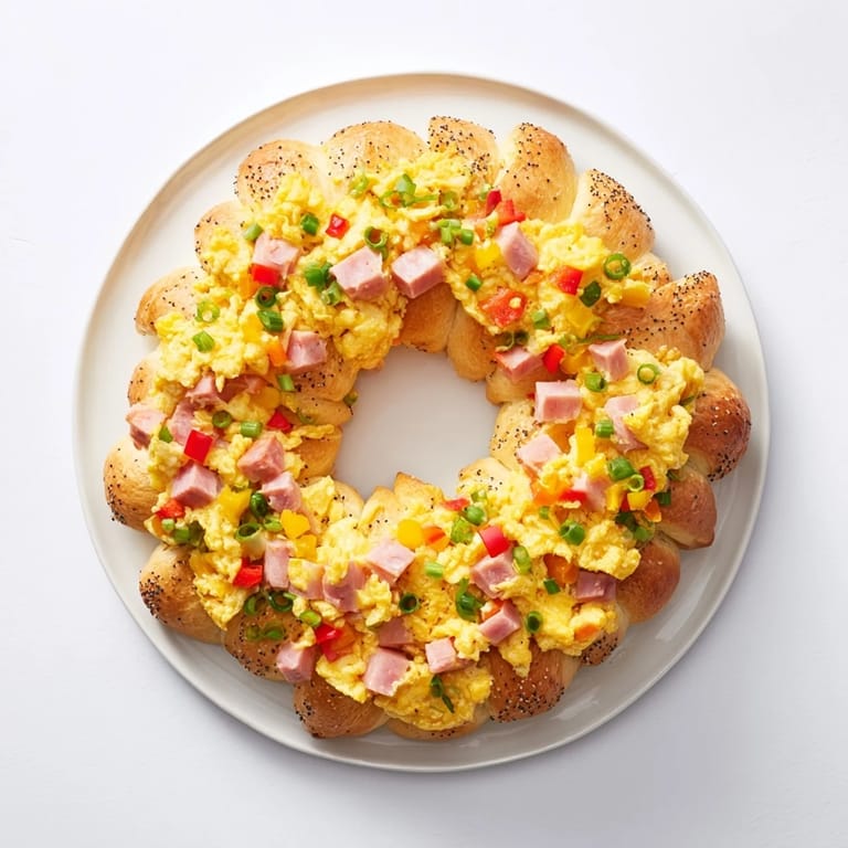 Homemade Wreath-Shaped Egg and Ham Bake ready to serve, a beautiful and easy American brunch dish.