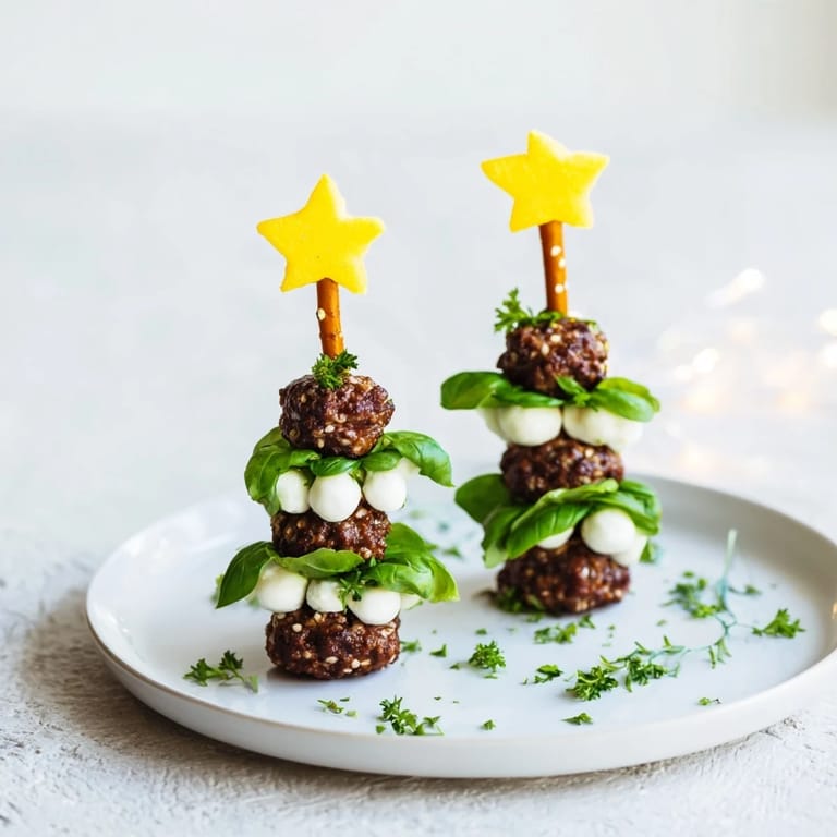 Delicious Mini Meatball Christmas Trees presented on a platter with mozzarella and basil, ready to eat.