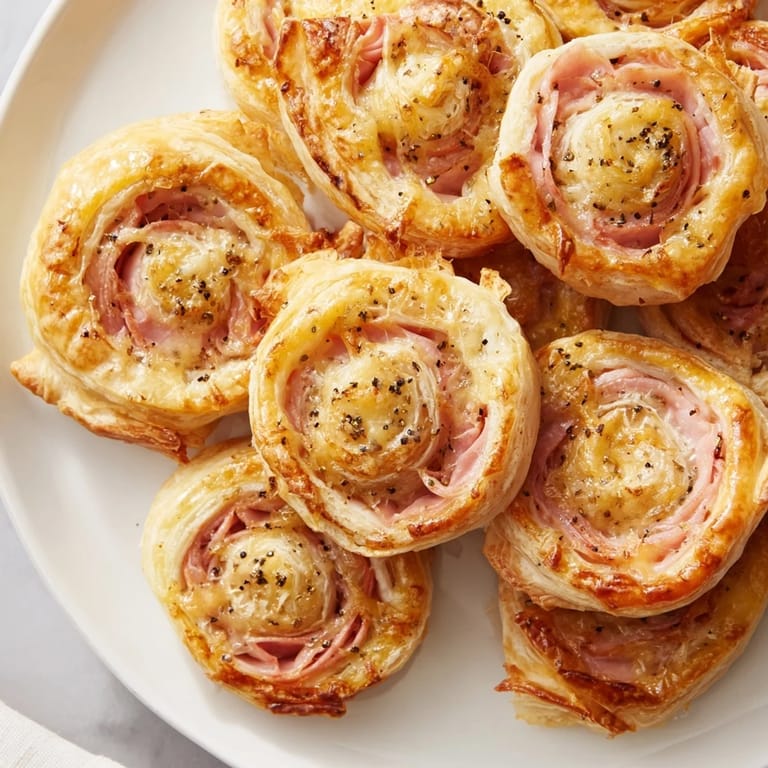 Melted cheese oozes from these warm ham and cheese pinwheel rolls, ready to enjoy.