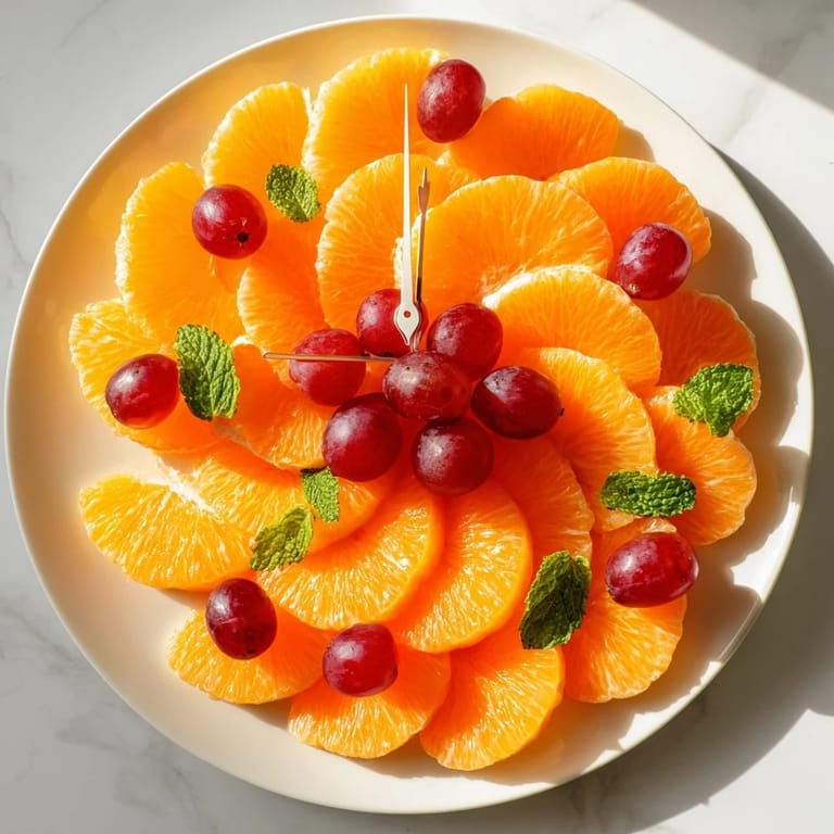 A vibrant Grape and Orange Slice Clock Face, made with segments, perfect for a healthy brunch option.