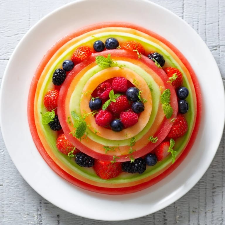 This fruit platter features juicy melon and berries artfully arranged for a stunning brunch centerpiece.