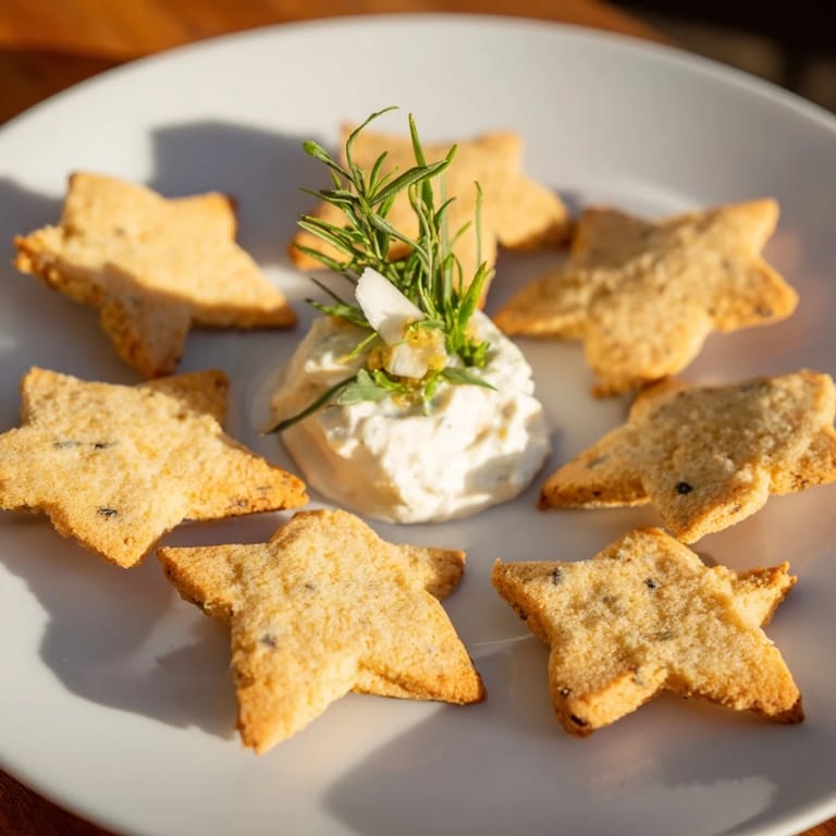 Golden, flaky Holiday Crackers arranged around a bowl of fresh, herby dip, ready to be enjoyed.