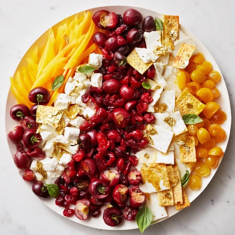 Fresh cherries and golden roasted peppers star in this delicious Crimson & Gold Gala appetizer board.