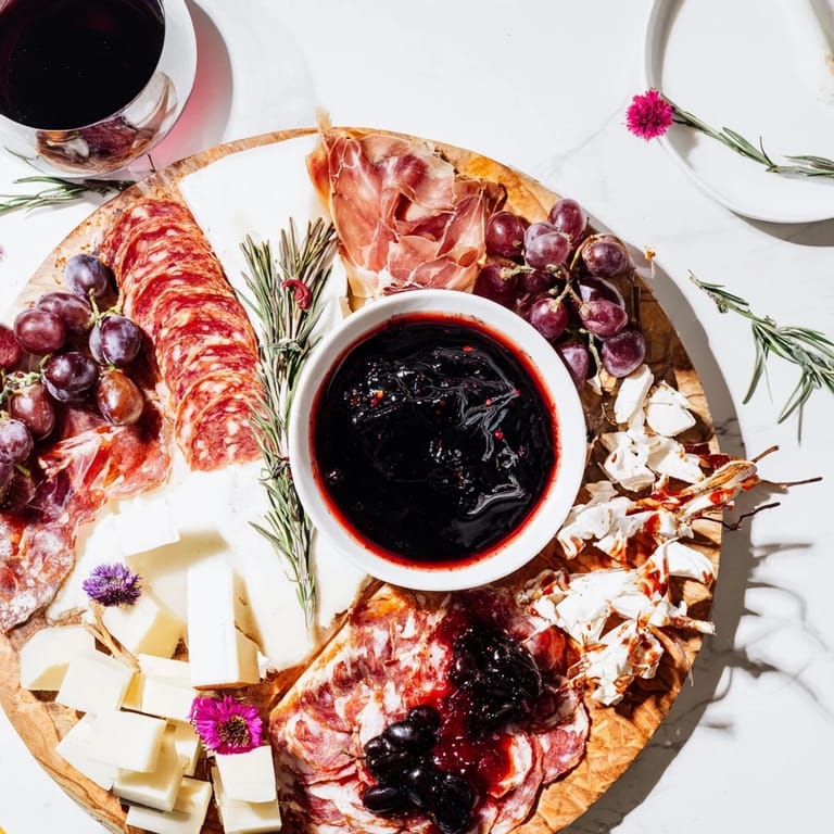Delicious Ruby Red Wine Stain Board: A close-up of the charcuterie spread with savory toppings.
