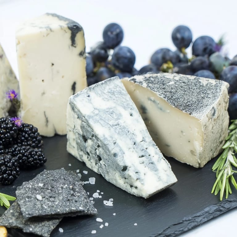 A beautiful cheese board with gray cheeses, grapes, and crackers, perfect for a sophisticated appetizer.