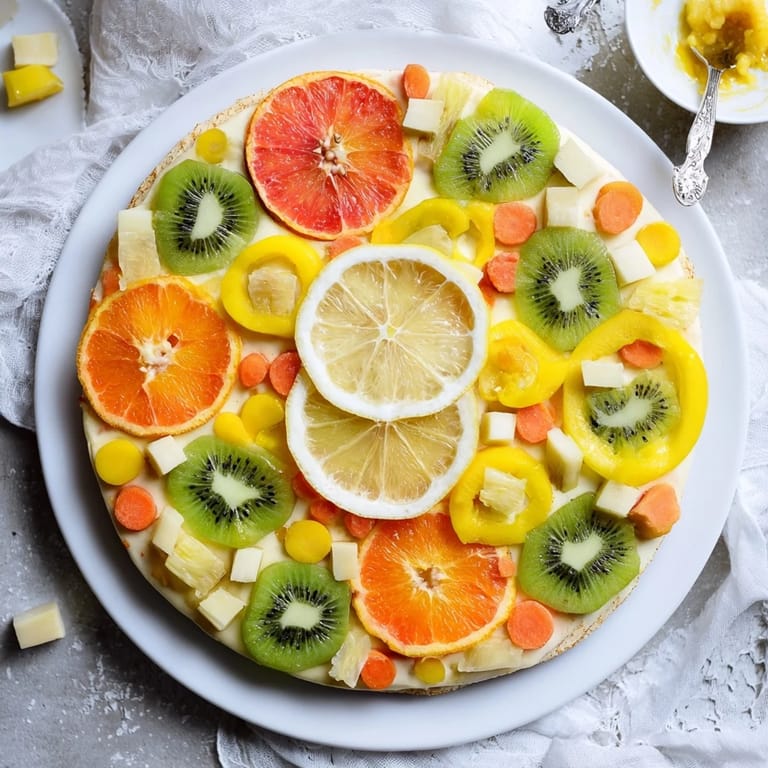 This beautiful 57, Sunny Yellow Citrus Burst appetizer board features fresh mango and pineapple slices, perfect for sharing.