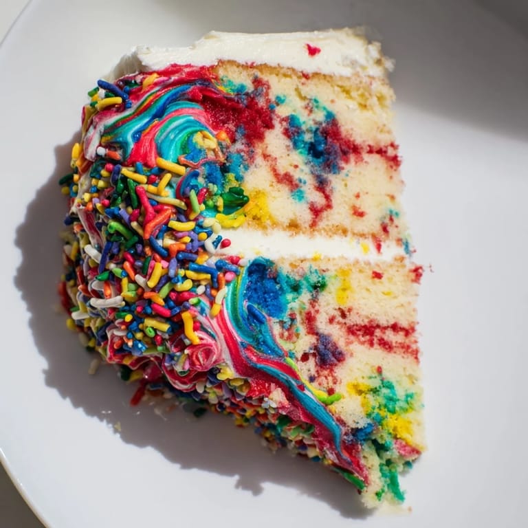 This homemade Chaotic Funfetti Cake features bright, cheerful frosting and festive rainbow sprinkles.