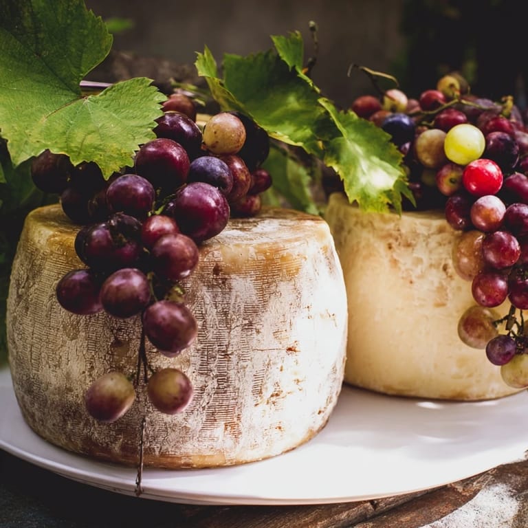 A close-up of "The Rustic Vineyard," showcasing the cheese wheels with fresh grape clusters.