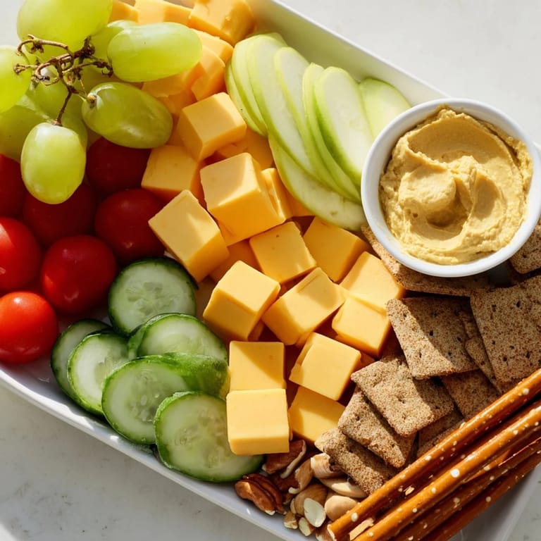 A colorful Road Trip Snack Platter overflowing with fresh fruit, cheese, and crunchy snacks.