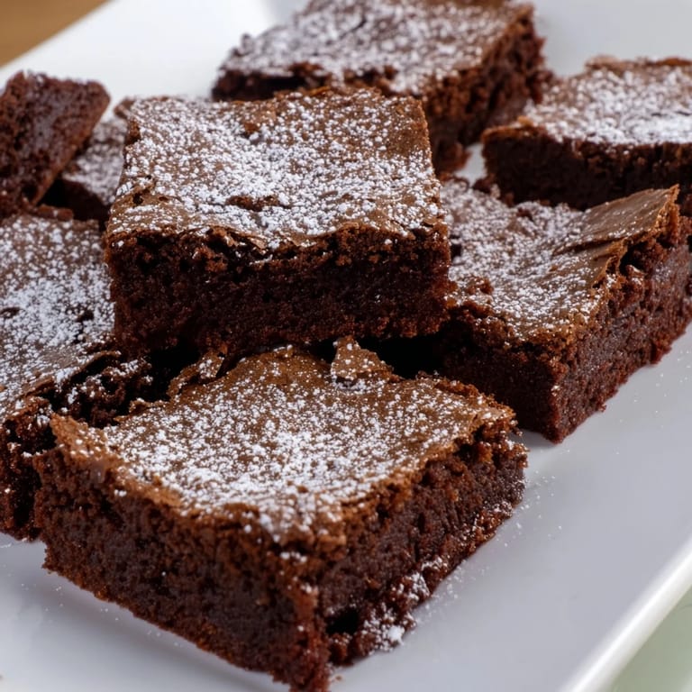 Close-up of perfectly cut brownie squares with a light dusting of powdered sugar.