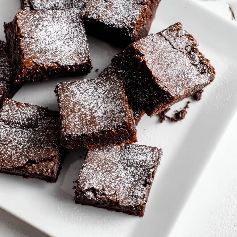 Freshly baked brownie squares, a chocolate indulgence with a dusting of powdered sugar.
