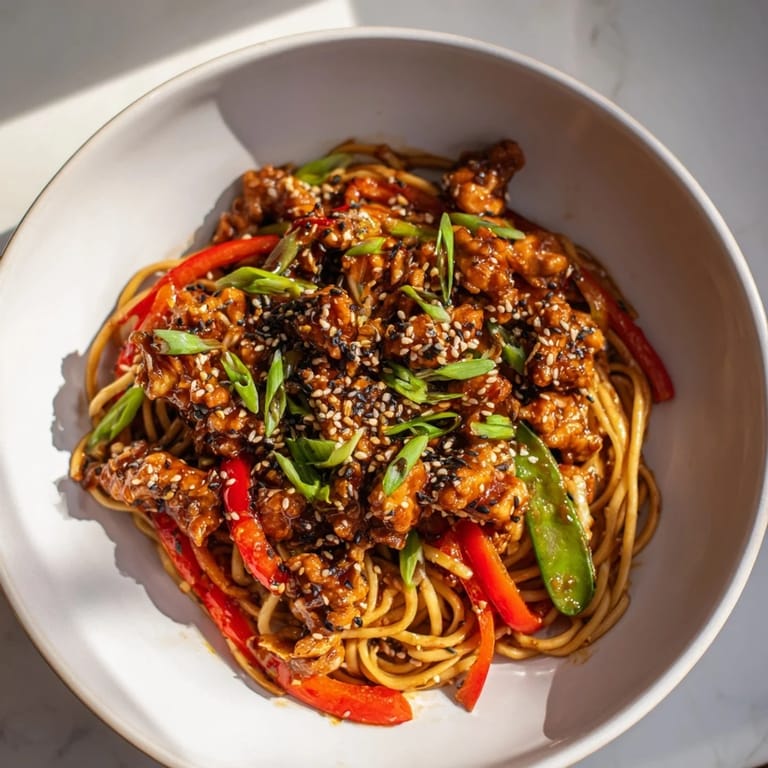 This Sesame Hoisin Ground Chicken Pasta displays a vibrant stir-fry with colorful veggies and a rich sauce coating.