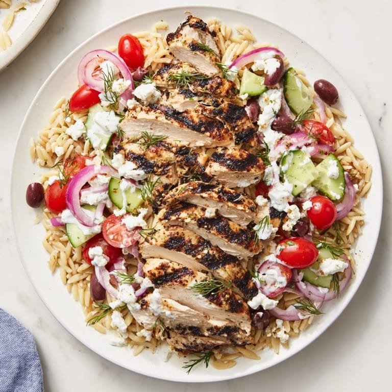 Close-up of a Greek Chicken Gyro Pasta Bowls, showing grilled chicken and orzo pasta.