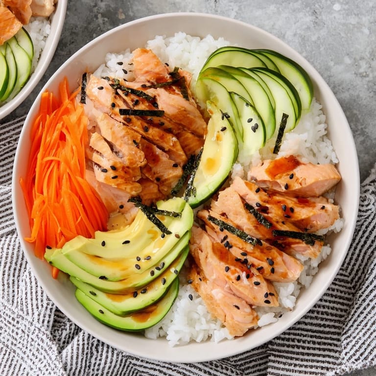 Vibrant Japanese-Style Salmon & Chicken Rice Bowl, showcasing avocado, carrots, and a delicious sauce drizzle.