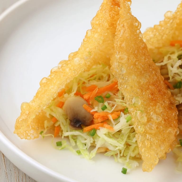 Close-up of freshly fried rice paper dumplings, the easy, gluten-free Asian fusion recipe.