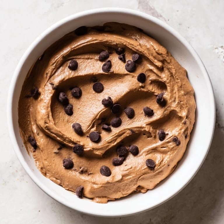 Close-up of smooth, dark chocolate hummus ready to be enjoyed, a sweet and delicious treat.