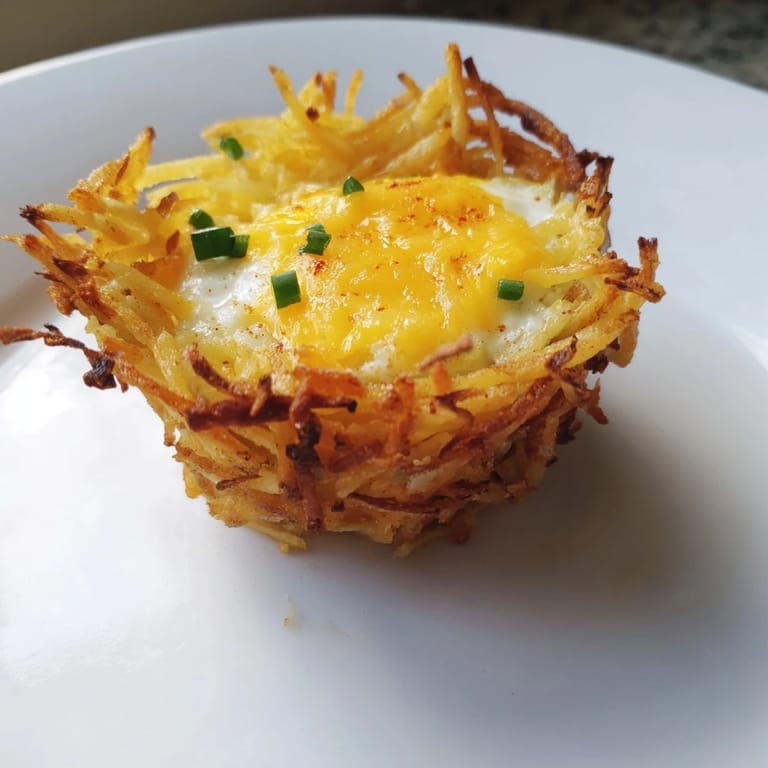 Delicious, baked Crispy Hashbrown Egg Nests, featuring perfectly cooked eggs nestled in potato cups.