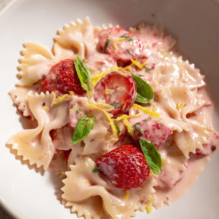 Vibrant close-up of Strawberry Sour Cream Pasta, showcasing the creamy pink sauce and fresh basil.