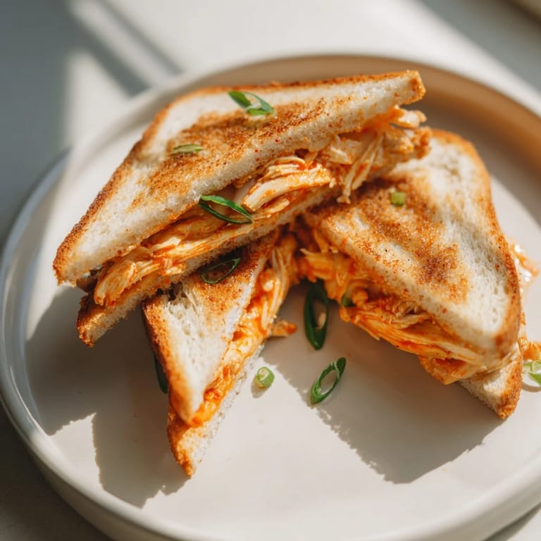 Melted cheese overflowing a Gochujang Mayo Chicken Sandwich grilled cheese, a beautiful, savory creation.