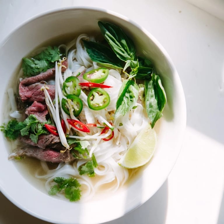 Freshly made Vietnamese pho express: a close-up image showing flavorful broth and thin beef slices.