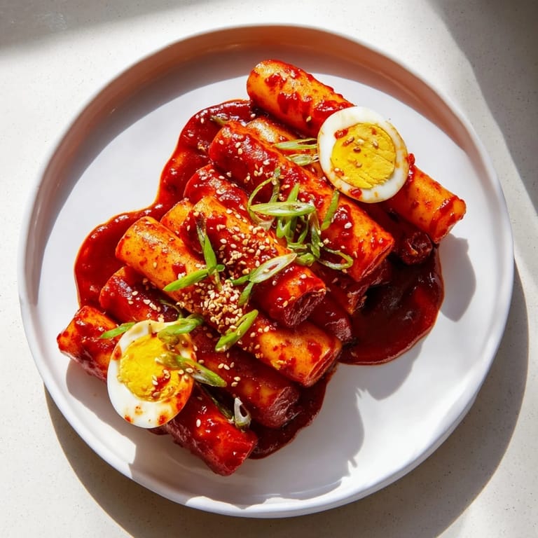 A steaming bowl of vibrant Korean Tteokbokki, featuring chewy rice cakes in spicy gochujang sauce.