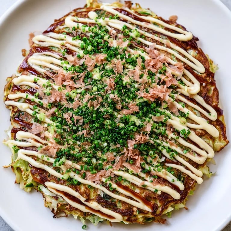 Close-up of golden-brown okonomiyaki pancakes, featuring shredded cabbage and a creamy mayonnaise drizzle.