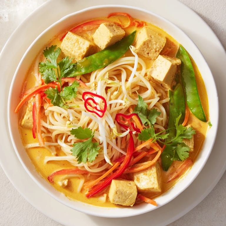 Golden tofu sits atop a spicy Malaysian Laksa Curry, a rich noodle soup brimming with fresh garnishes.
