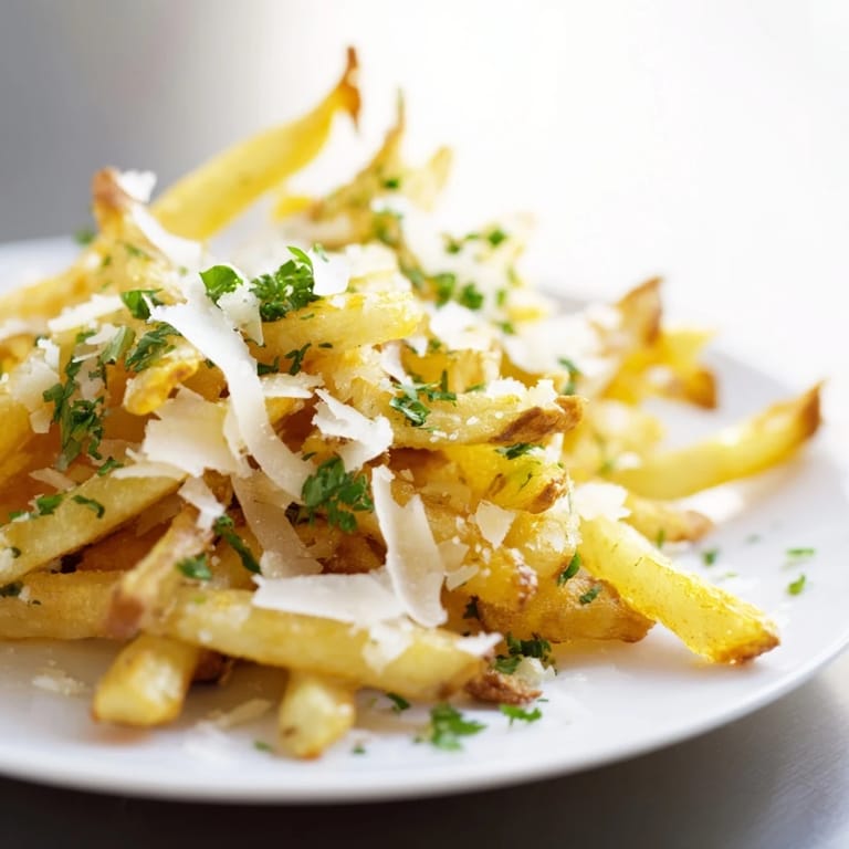 Heiße Truffle Parmesan Fries auf dem Backblech, bestreut mit geriebenem Käse und Truffelöl.