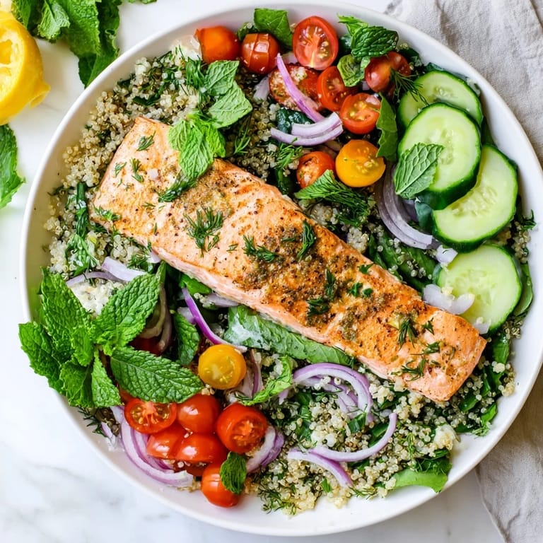 Genieße ein nahrhaftes Lemon Herb Salmon Salad mit knusprigem Gemüse und flüssig gemachtem Lachs.