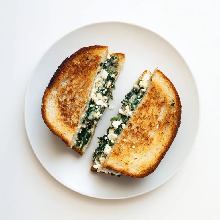 Mehrere Scheiben des Feta & Spinach Stuffed Grilled Cheese auf rustikalem Holzbrett, garniert mit frischer Babyspinat und Olivenöl.