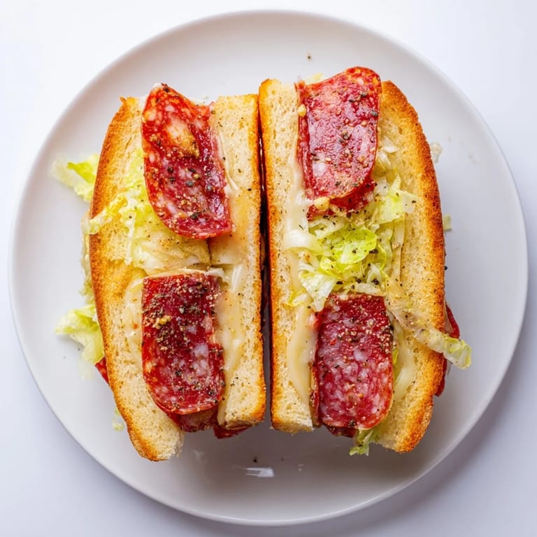 Sizzling Italian Sub Grilled Cheese in a skillet, stacked with pepperoni and crunchy lettuce topping.