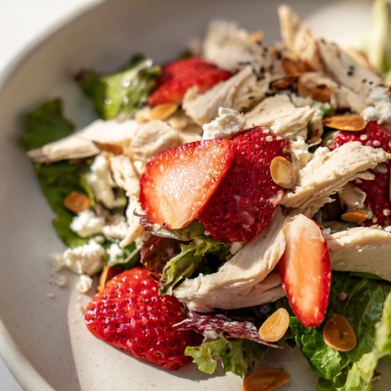 Genieße den Strawberry Poppy Seed Chicken Salad mit Gurken, Feta und cremiger Poppy-Seed-Dressing an einem sonnigen Nachmittag.