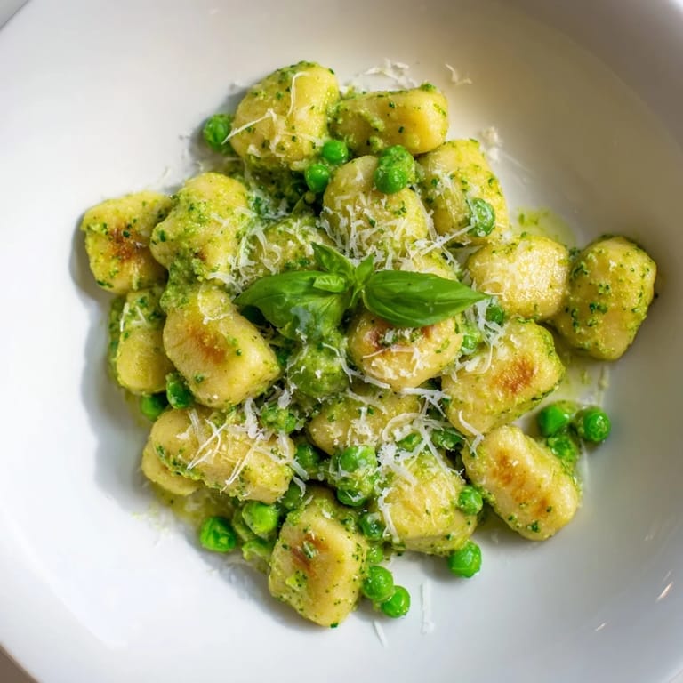 Savory Italian-inspired Pesto Pea Gnocchi Skillet garnished with grated Parmesan and lemon zest, perfect for a quick vegetarian meal.