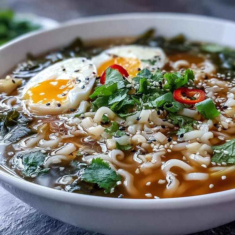 Warme Asia-inspirierte Shirataki Nudeln in goldener Brühe mit Chili und Sesam in einer Schüssel.