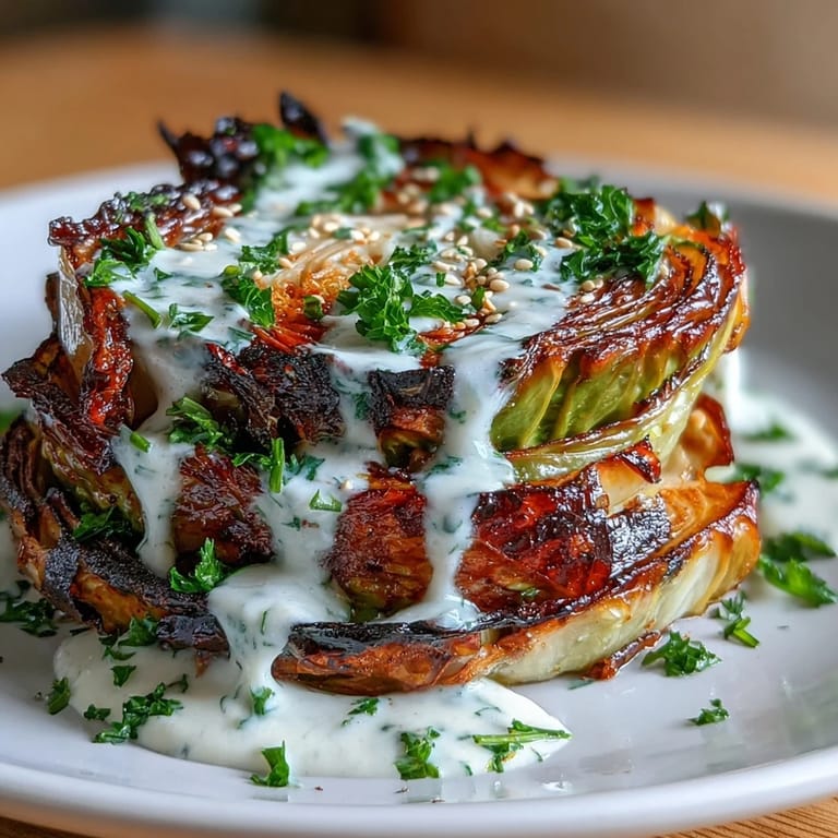 Pflanzliche Roasted Cabbage Steaks mit geröstetem Sesam und Zitronenspalten, serviert als Hauptgericht oder Beilage.