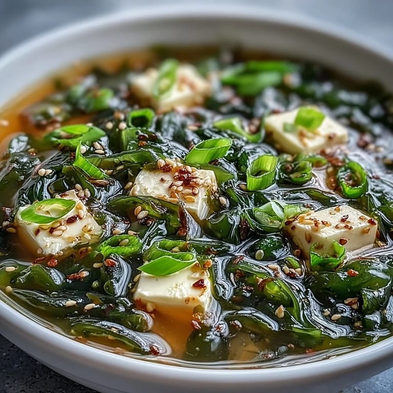 Würzige Wakame Suppe mit glasigem Tofu und duftendem Dashi-Brühe, garniert mit knackigen Frühlingszwiebeln.