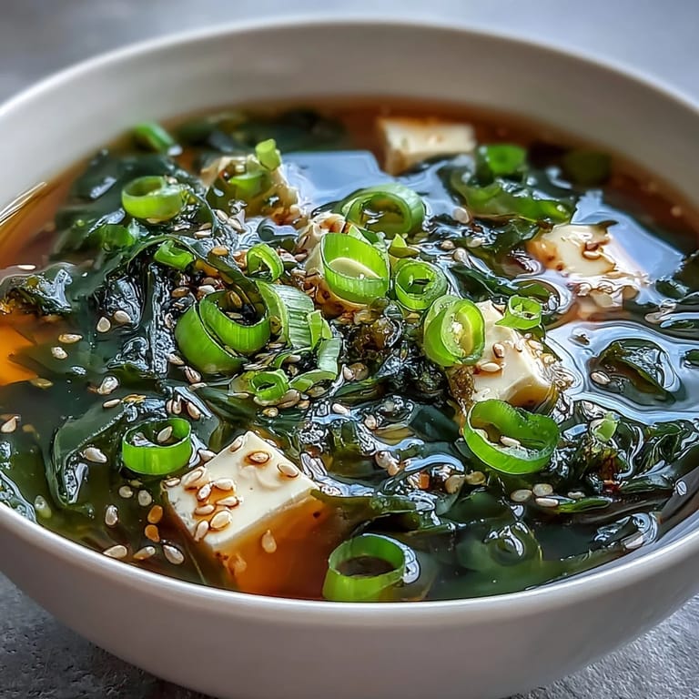 Japanische Wakame Suppe mit zarten Algen, würziger Miso-Note und cremigen Tofuwürfeln für ein gesundes Gericht.