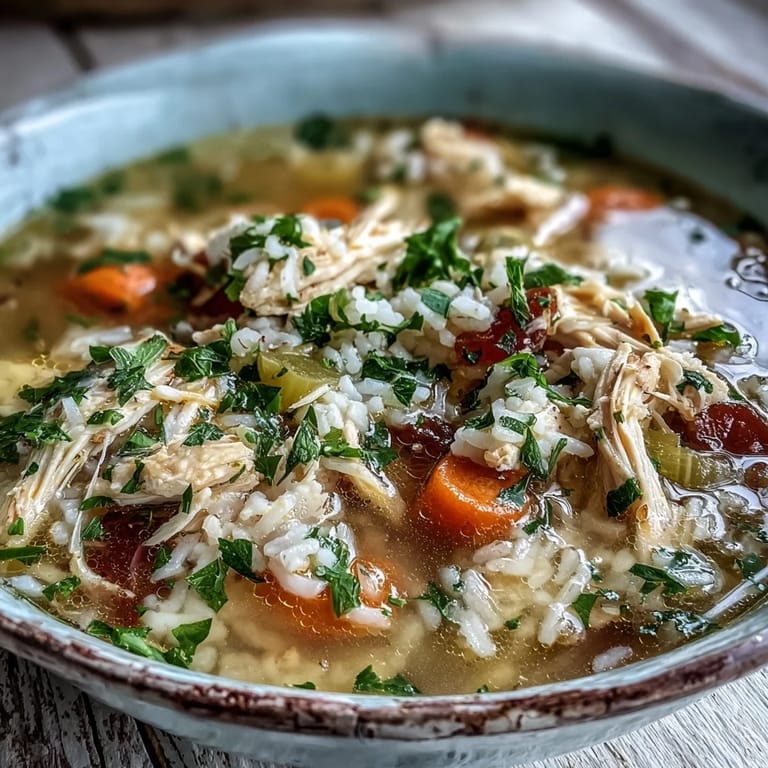 Cozy Winter Chicken and Rice Soup serviert mit knusprigem Brot, perfekt für kalte Abende und gemütliche Mahlzeiten.