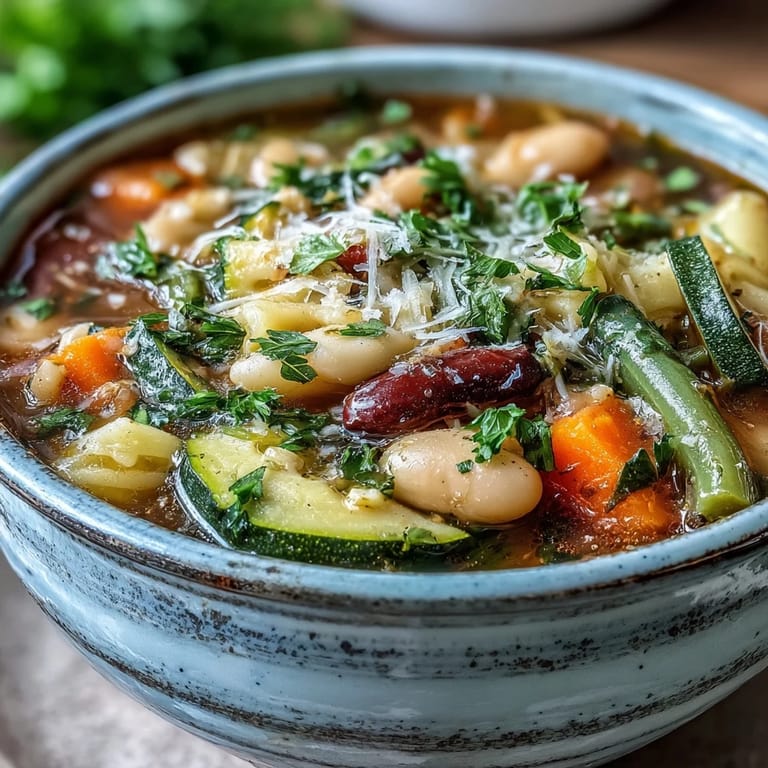 Sommliche Vegetable Minestrone Variations aus dem Topf, voller Zucchini, grüner Bohnen und Tomaten.