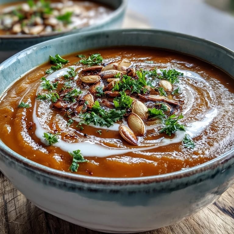 Cremige Pumpkin Soup dampft in einer Tasse, mit Kürbiskernen und Kräutern garniert.