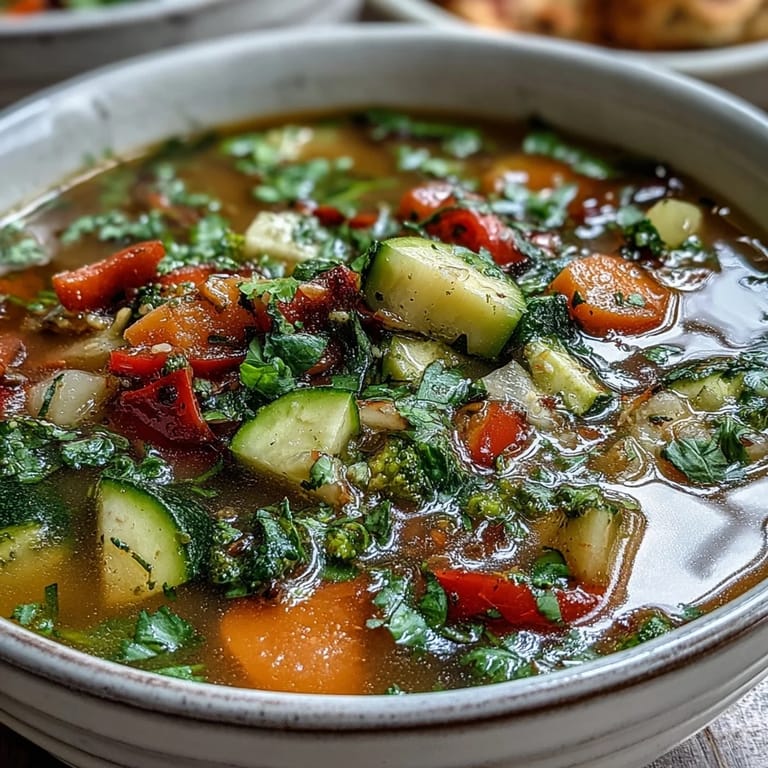 Eine dampfende Schüssel Ginger Vegetable Soup mit Koriander und geröstetem Sesamöl.