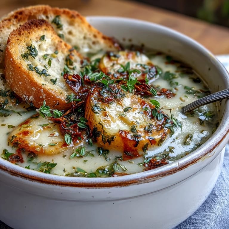 A pot of simmering Roasted Garlic and Herb Soup with bubbling vegetable broth, carrots, and celery visible.