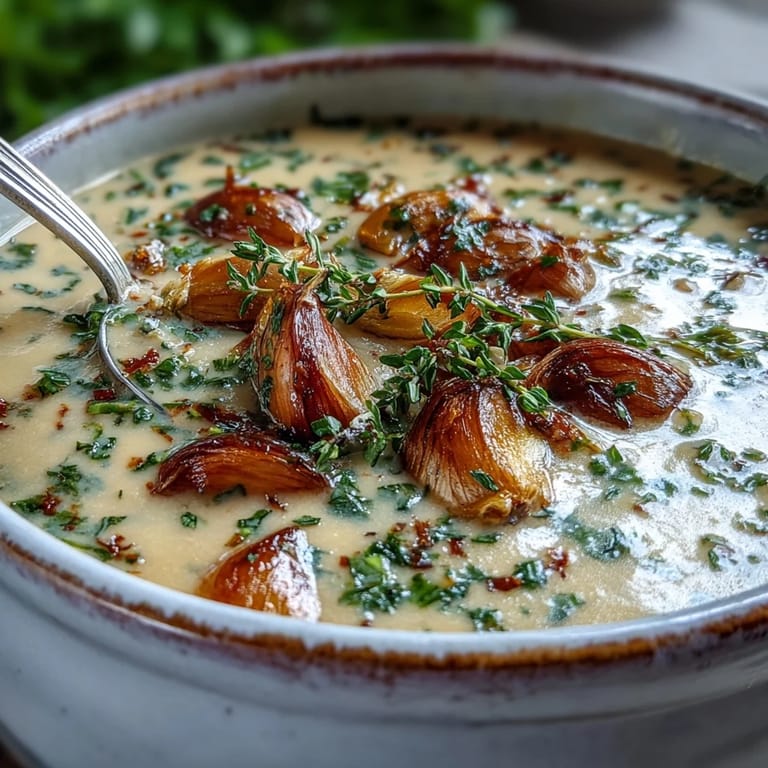 Golden roasted garlic cloves and herbs for Roasted Garlic and Herb Soup ready to be blended.