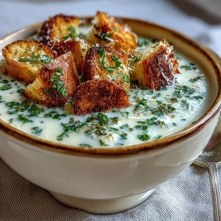 Creamy Garlic and Herb Soup topped with cheese and herbs, served alongside crusty bread.