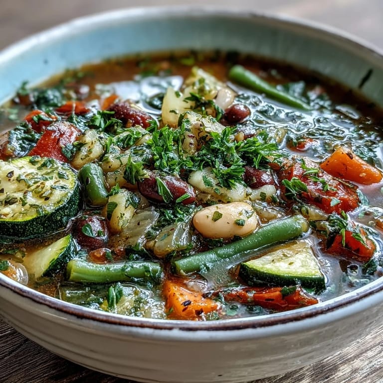 Italienische Kräutersuppe mit buntem Gemüse in einer Terrschüssel, garniert mit Petersilie und frisch geriebenem Parmesan.