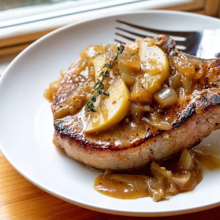 Leckere Schweinekoteletts in Apfel-Senf-Sauce mit frischem Thymian und Zwiebeln.  